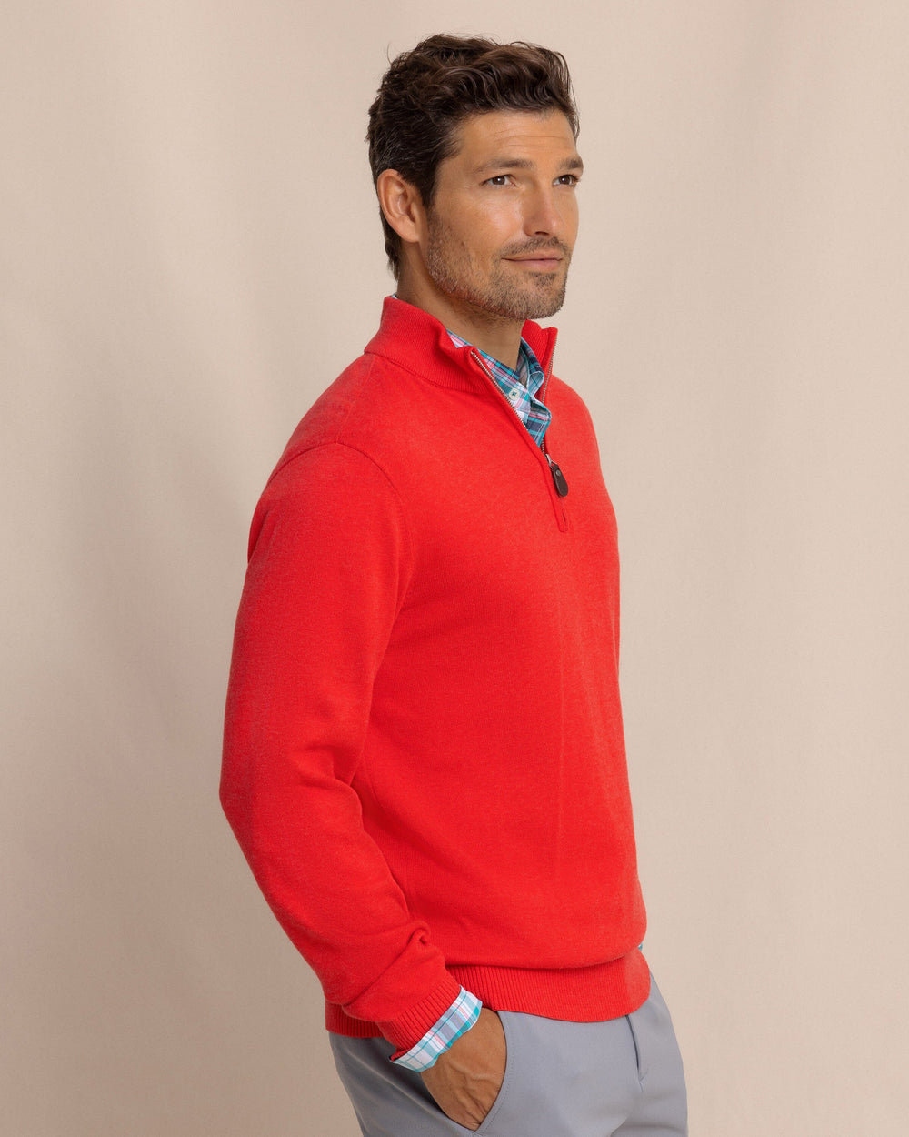 The side view of the Southern Tide Whitehaven Heather Quarter Zip Sweater by Southern Tide - Heather Crab Red