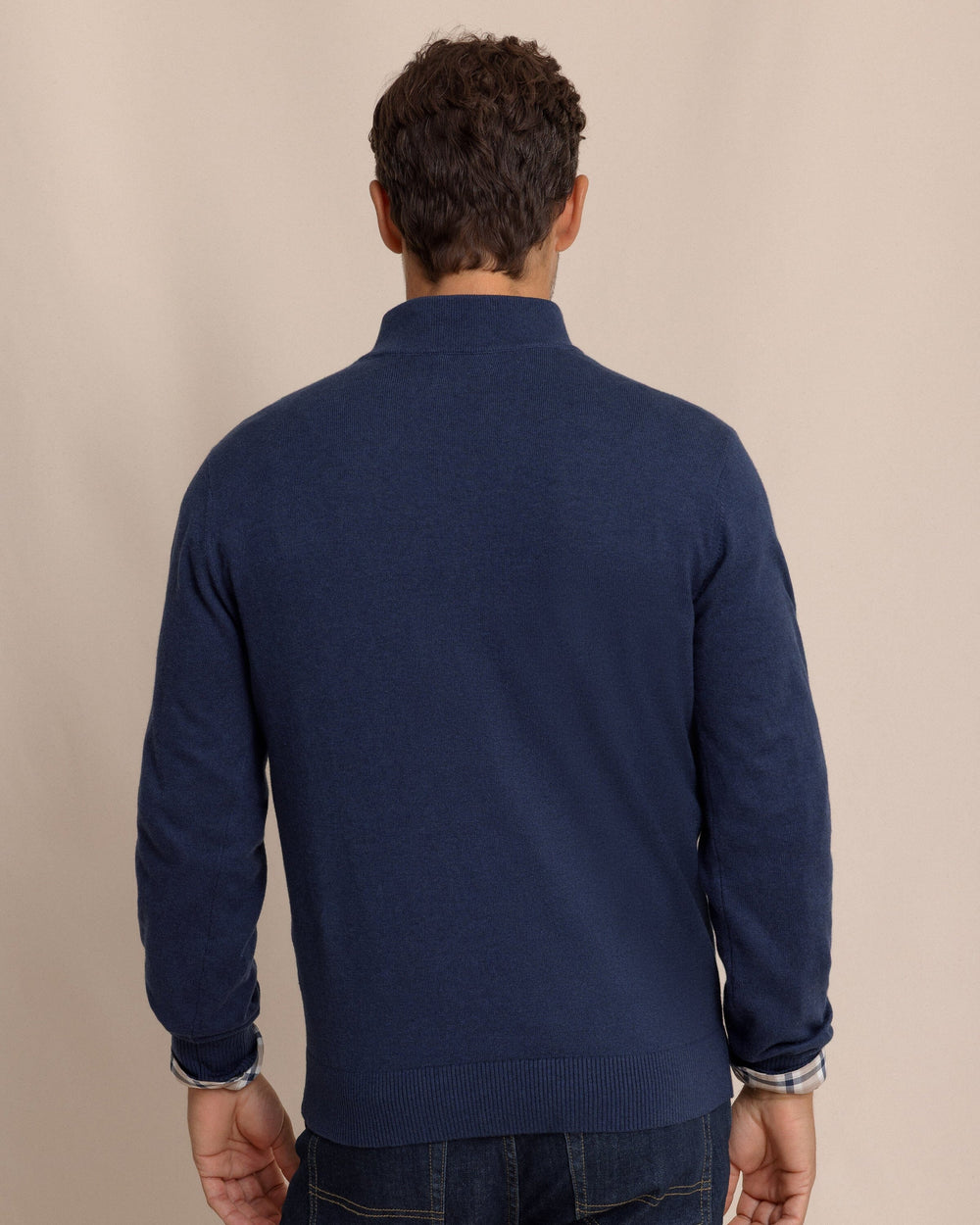 The back view of the Southern Tide Whitehaven Heather Quarter Zip Sweater by Southern Tide - Heather Dress Blue