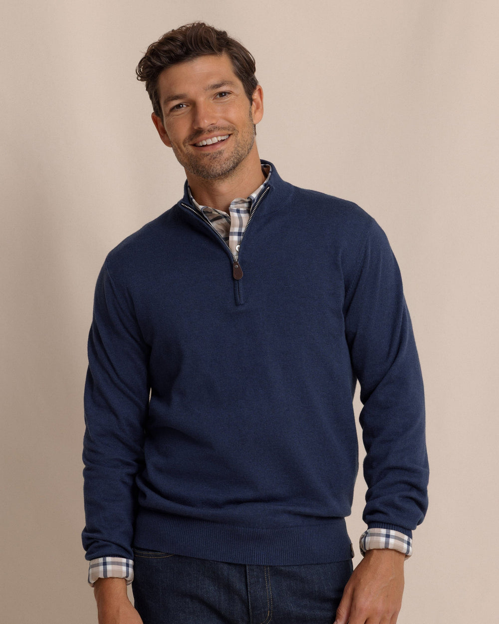 The front view of the Southern Tide Whitehaven Heather Quarter Zip Sweater by Southern Tide - Heather Dress Blue