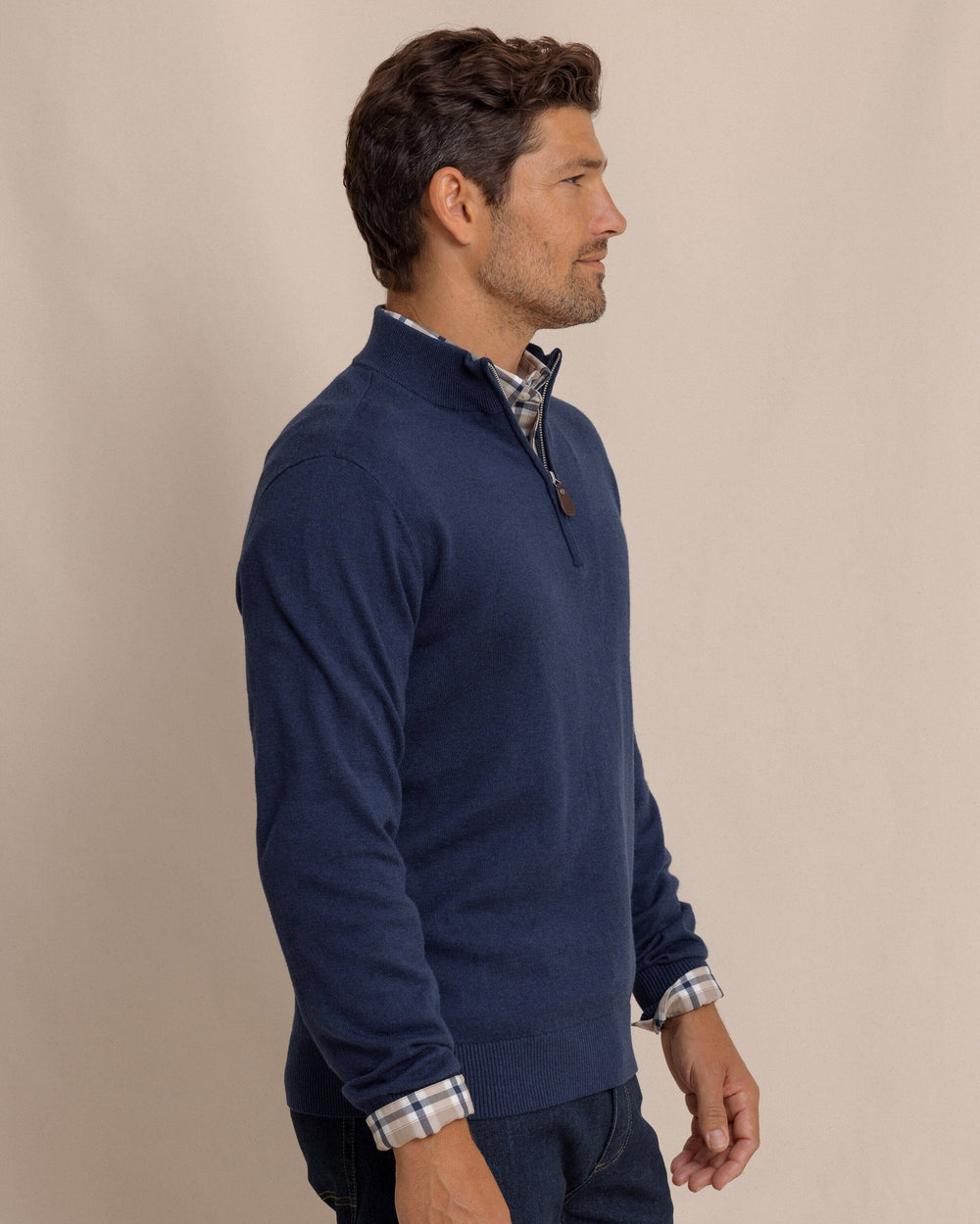 The side view of the Southern Tide Whitehaven Heather Quarter Zip Sweater by Southern Tide - Heather Dress Blue