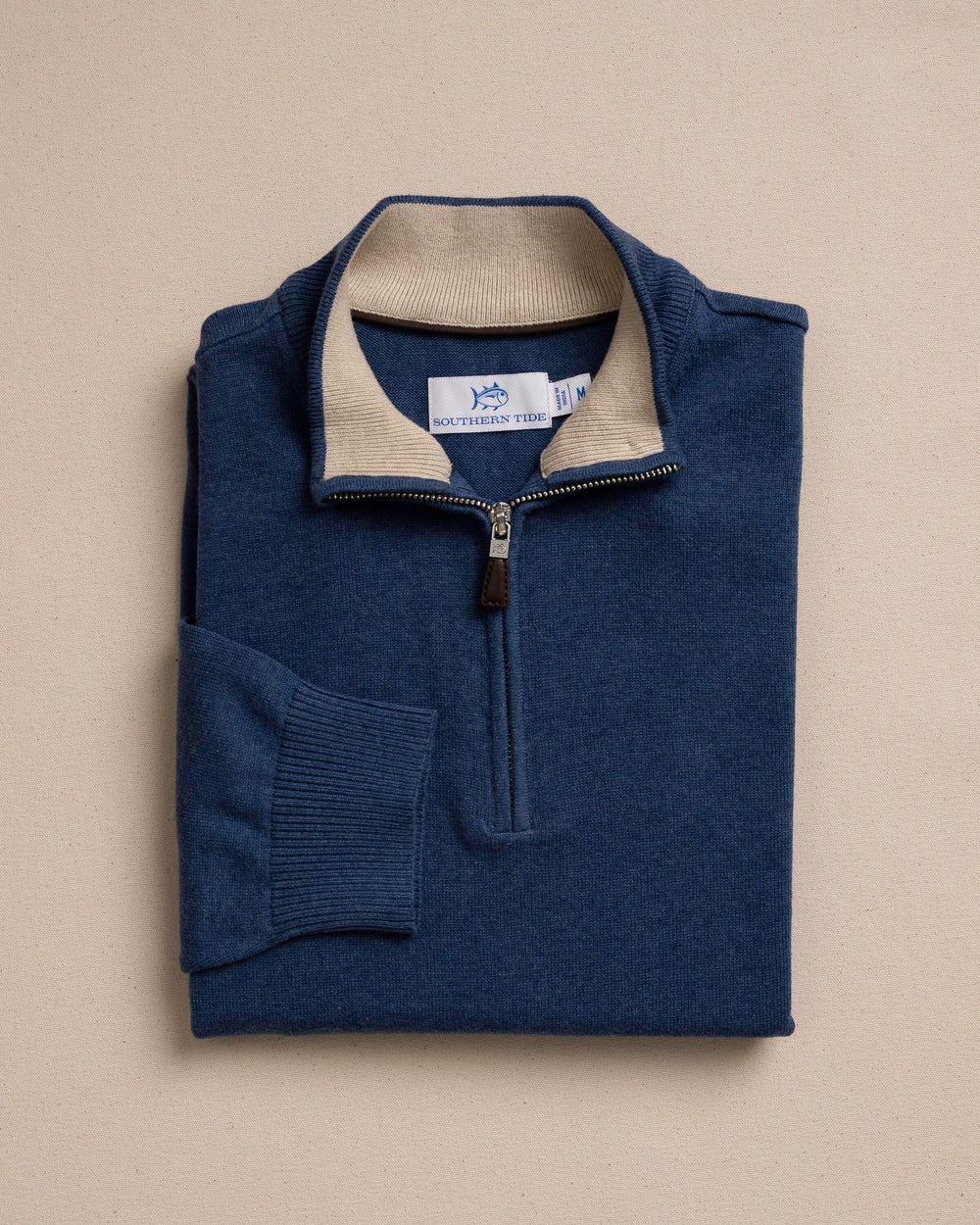 The front view of the Southern Tide Whitehaven Heather Quarter Zip Sweater by Southern Tide - Heather Nautical Blue