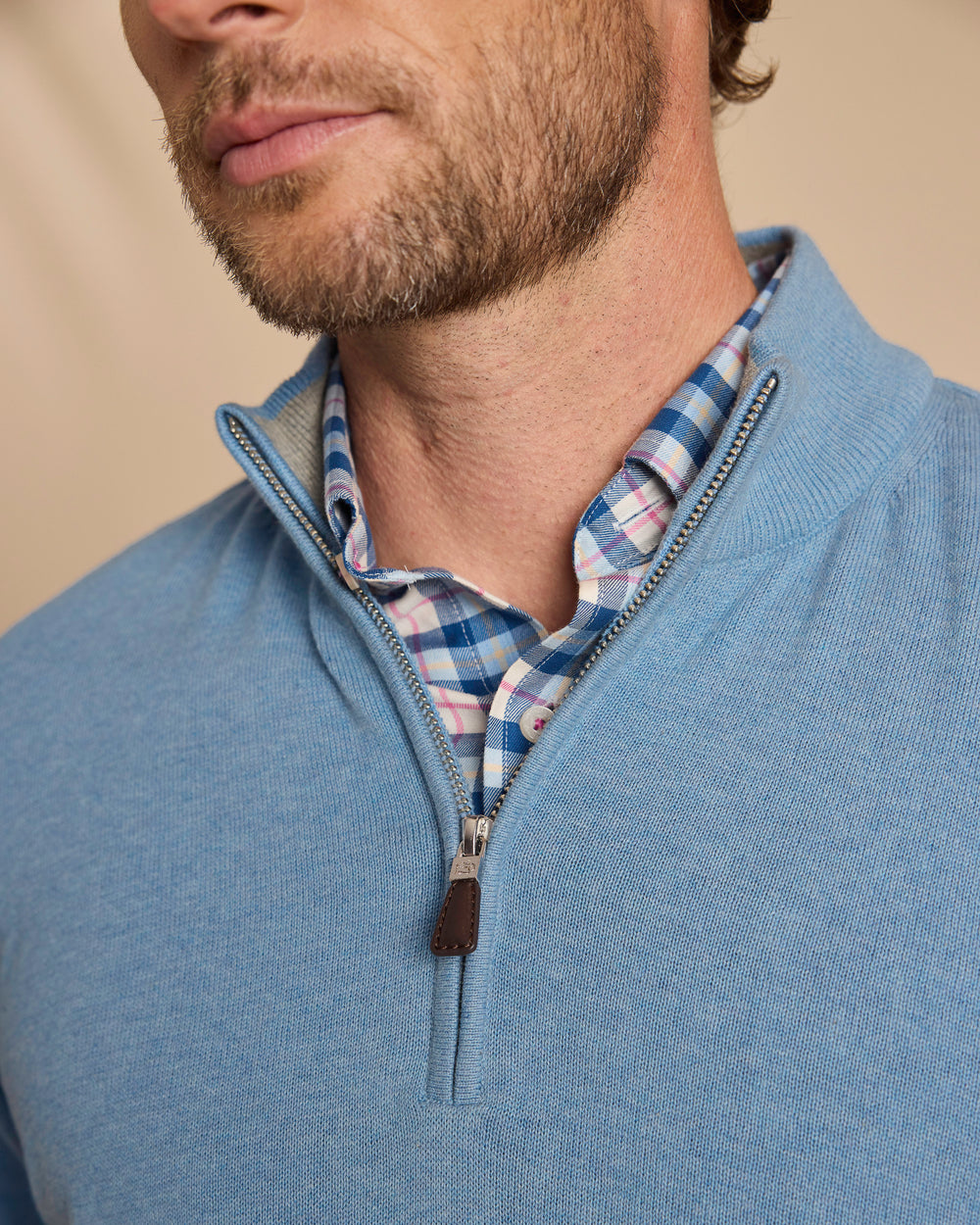 The detail view of the Southern Tide Whitehaven Heather Quarter Zip Sweater by Southern Tide - Heather Ocean Channel