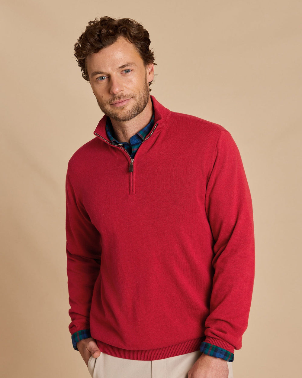 The front view of the Southern Tide Whitehaven Heather Quarter Zip Sweater by Southern Tide - Heather Salsa Red