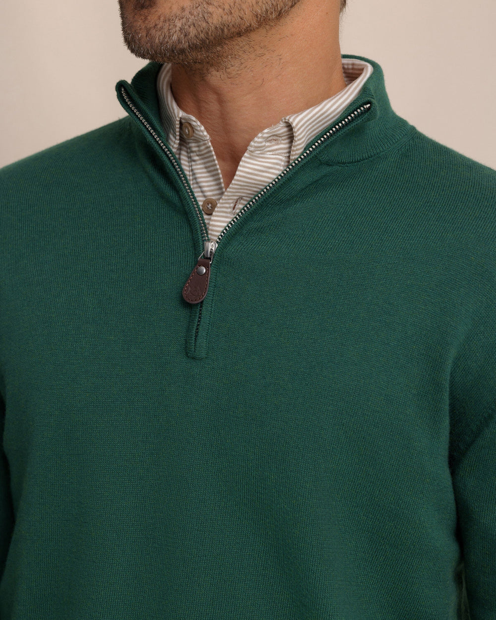 The detail view of the Southern Tide Whitehaven Heather Quarter Zip Sweater by Southern Tide - Heather Salt Meadow