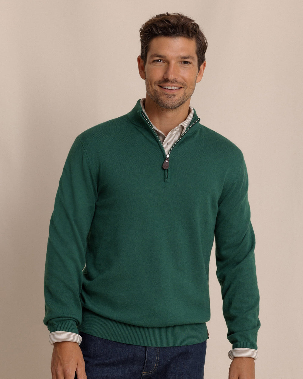 The front view of the Southern Tide Whitehaven Heather Quarter Zip Sweater by Southern Tide - Heather Salt Meadow