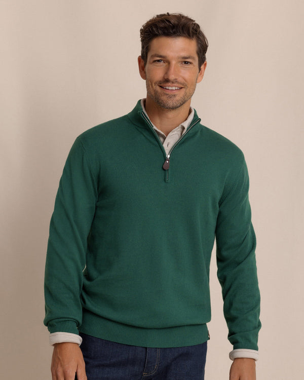 The front view of the Southern Tide Whitehaven Heather Quarter Zip Sweater by Southern Tide - Heather Salt Meadow