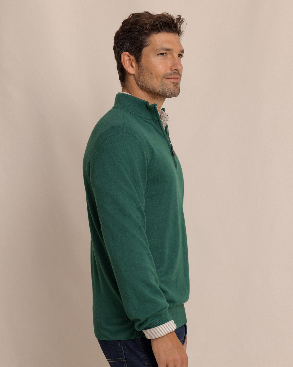 The side view of the Southern Tide Whitehaven Heather Quarter Zip Sweater by Southern Tide - Heather Salt Meadow