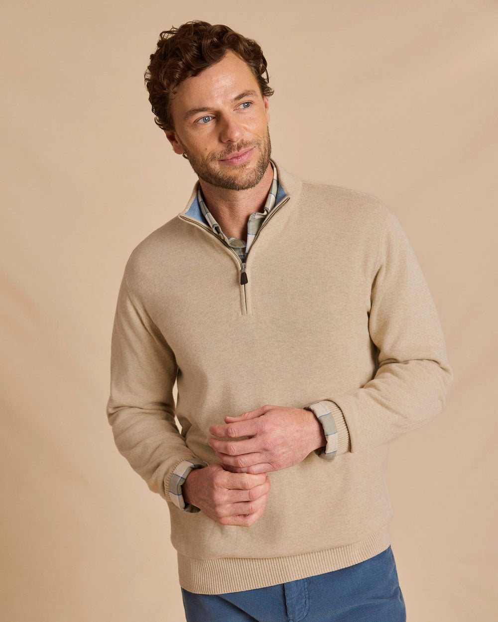 The front view of the Southern Tide Whitehaven Heather Quarter Zip Sweater by Southern Tide - Heather Sand Dunes