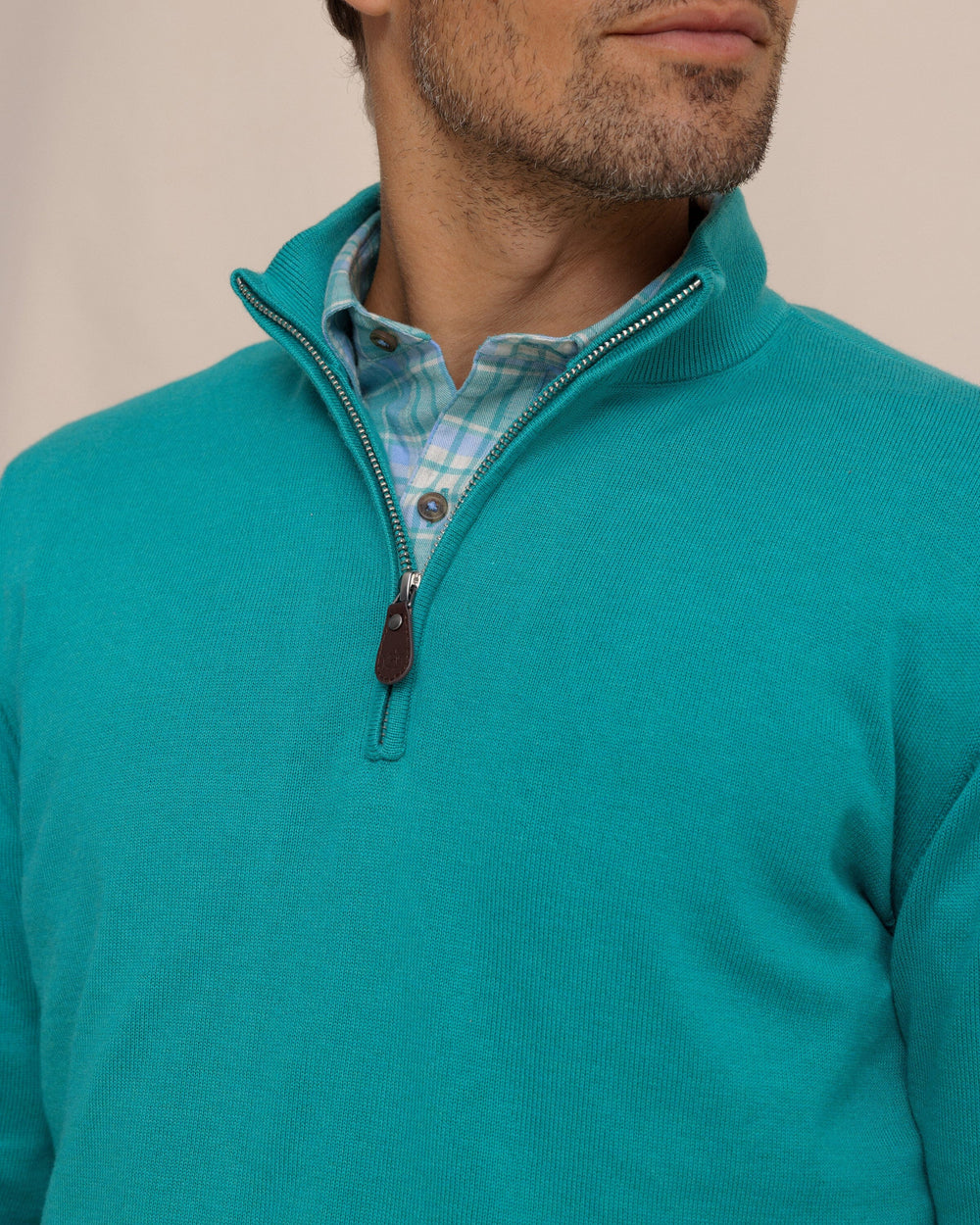The detail view of the Southern Tide Whitehaven Heather Quarter Zip Sweater by Southern Tide - Heather Spruce Shade