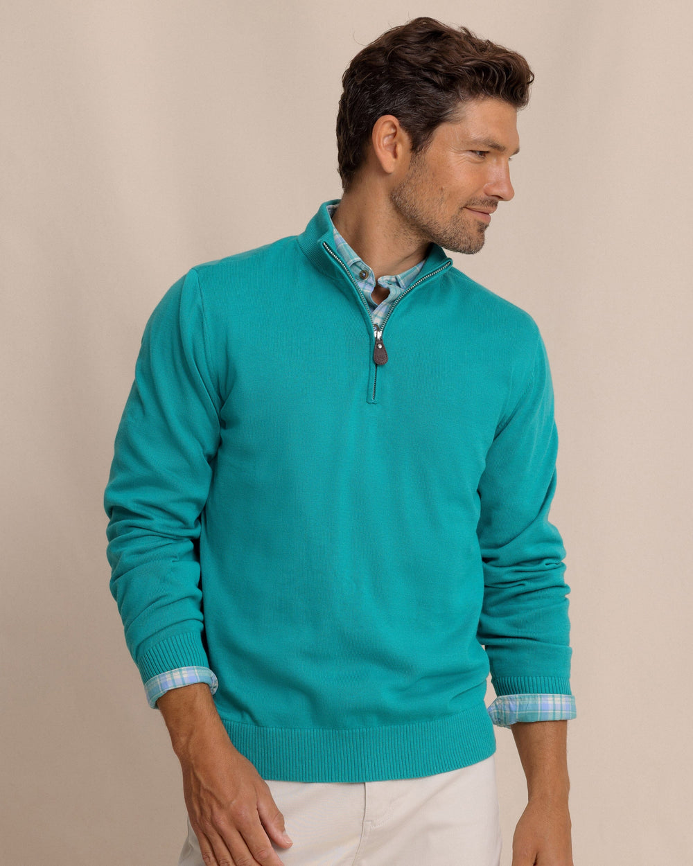 The front view of the Southern Tide Whitehaven Heather Quarter Zip Sweater by Southern Tide - Heather Spruce Shade