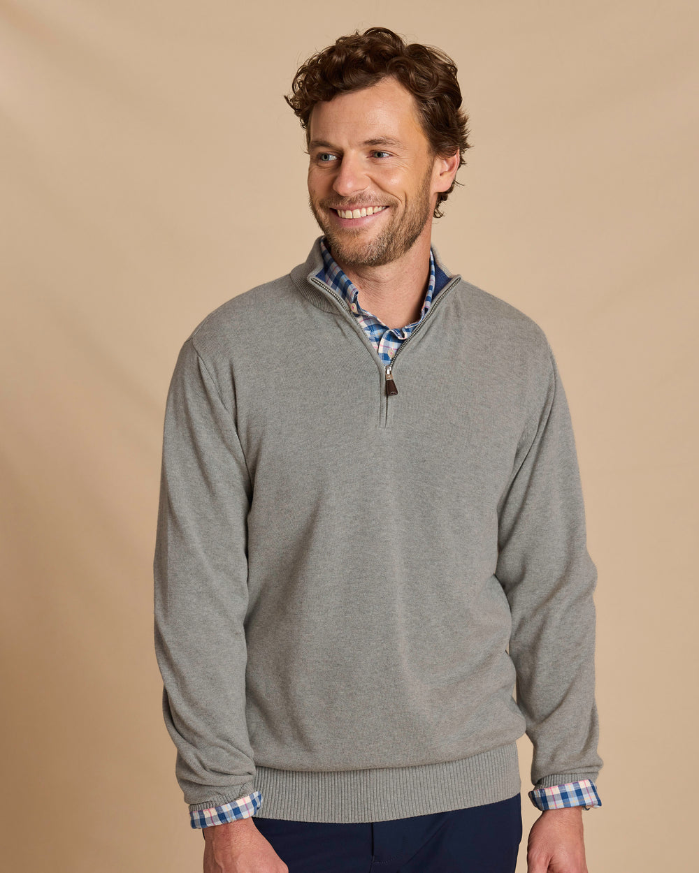The front view of the Southern Tide Whitehaven Heather Quarter Zip Sweater by Southern Tide - Heather Storm Grey