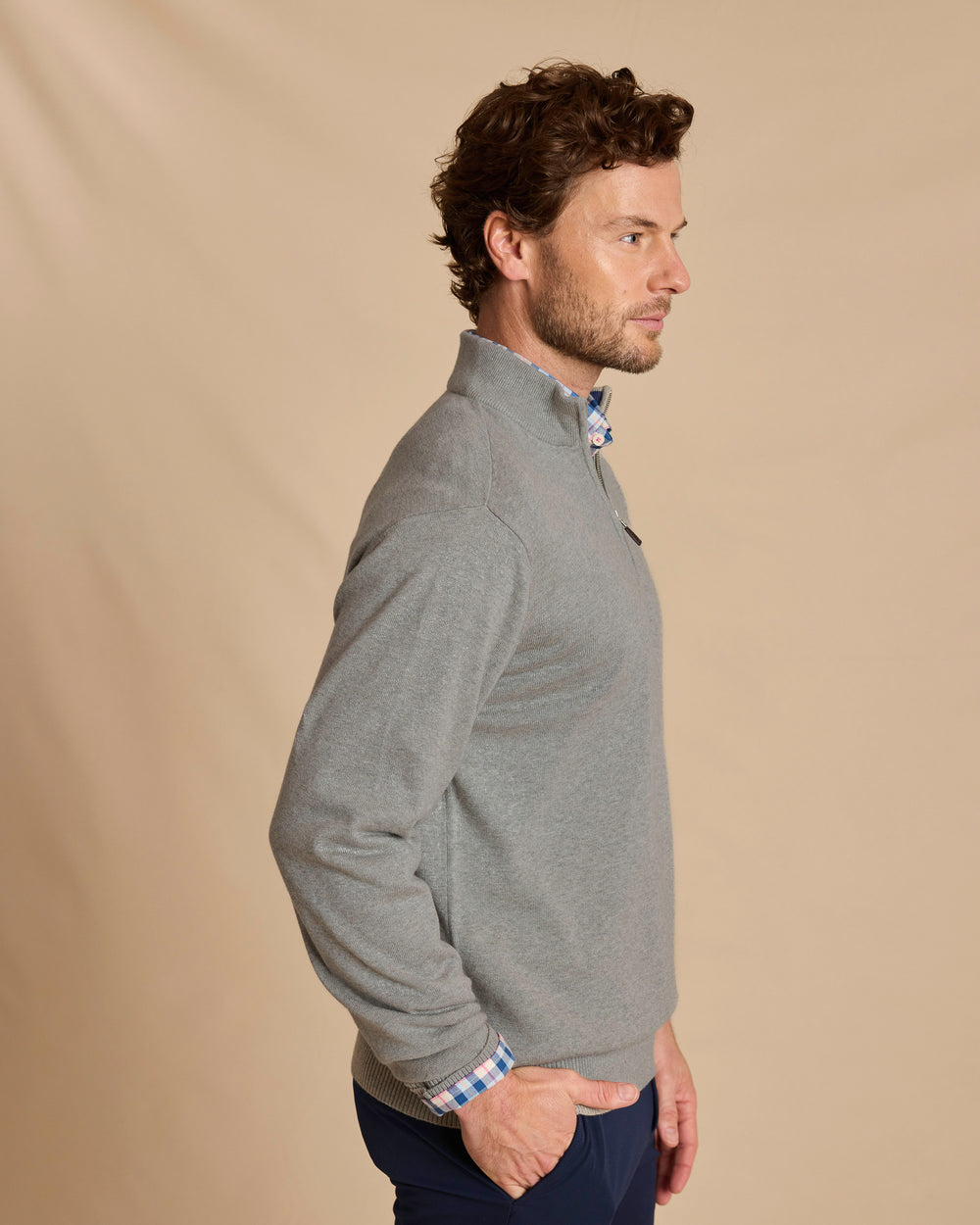 The side view of the Southern Tide Whitehaven Heather Quarter Zip Sweater by Southern Tide - Heather Storm Grey