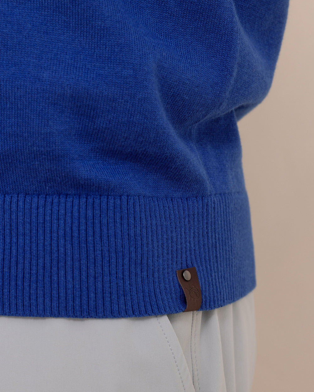 The detail view of the Southern Tide Whitehaven Heather Quarter Zip Sweater by Southern Tide - Heather Surf Blue