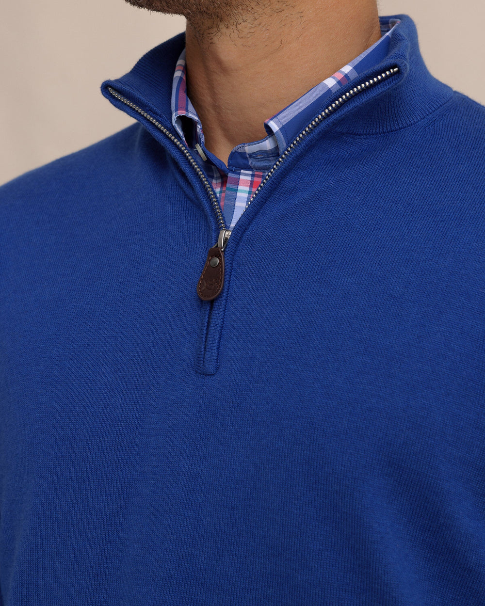 The detail view of the Southern Tide Whitehaven Heather Quarter Zip Sweater by Southern Tide - Heather Surf Blue