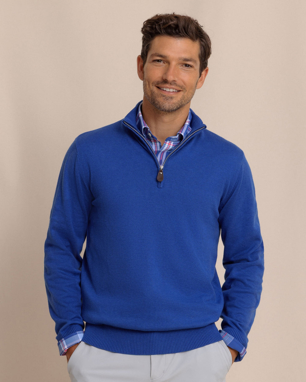 The front view of the Southern Tide Whitehaven Heather Quarter Zip Sweater by Southern Tide - Heather Surf Blue
