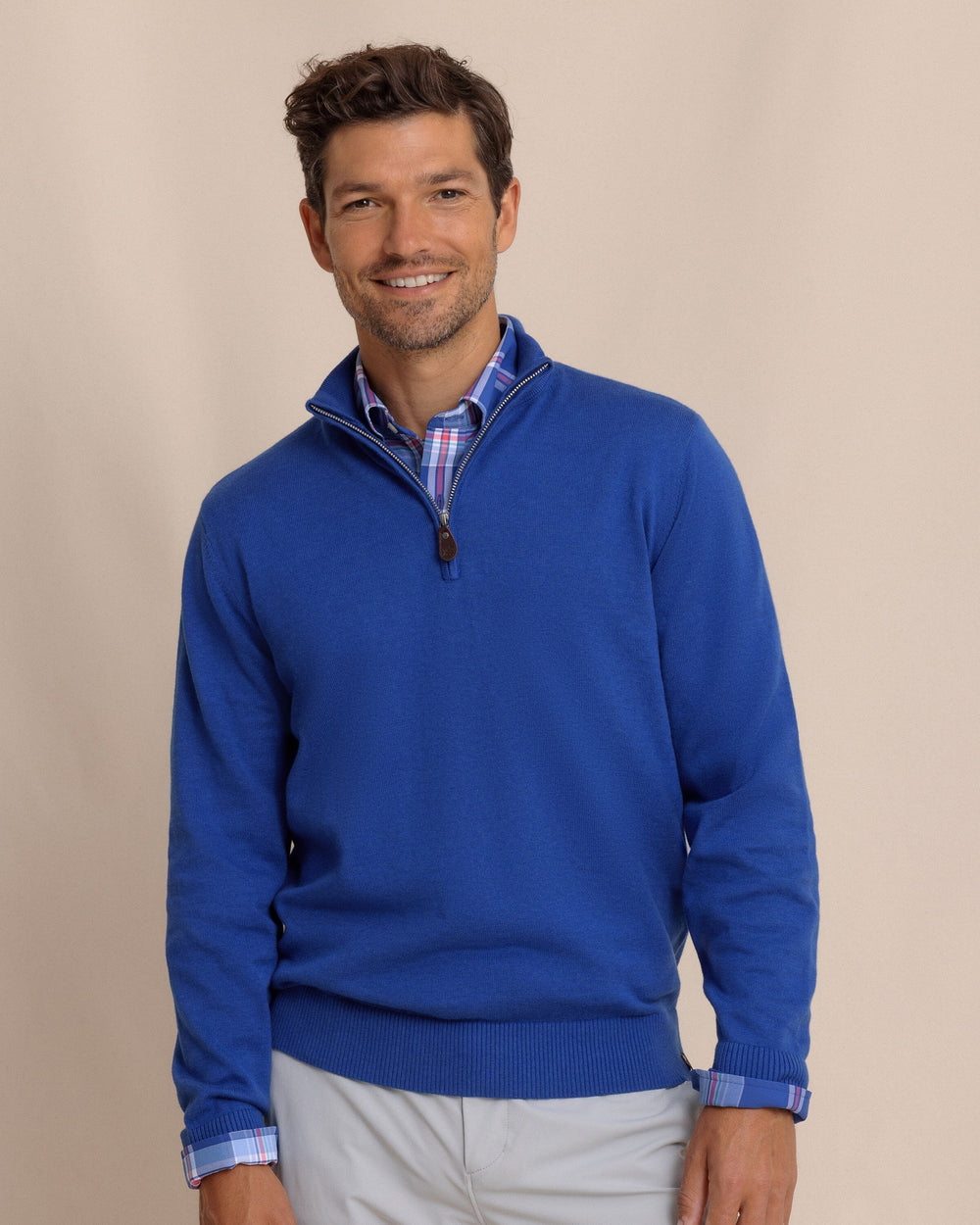 The front view of the Southern Tide Whitehaven Heather Quarter Zip Sweater by Southern Tide - Heather Surf Blue