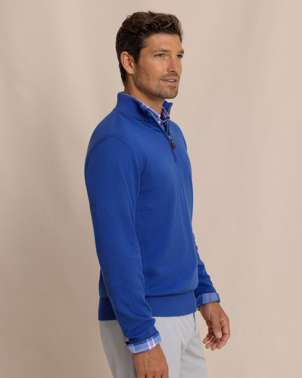 The side view of the Southern Tide Whitehaven Heather Quarter Zip Sweater by Southern Tide - Heather Surf Blue