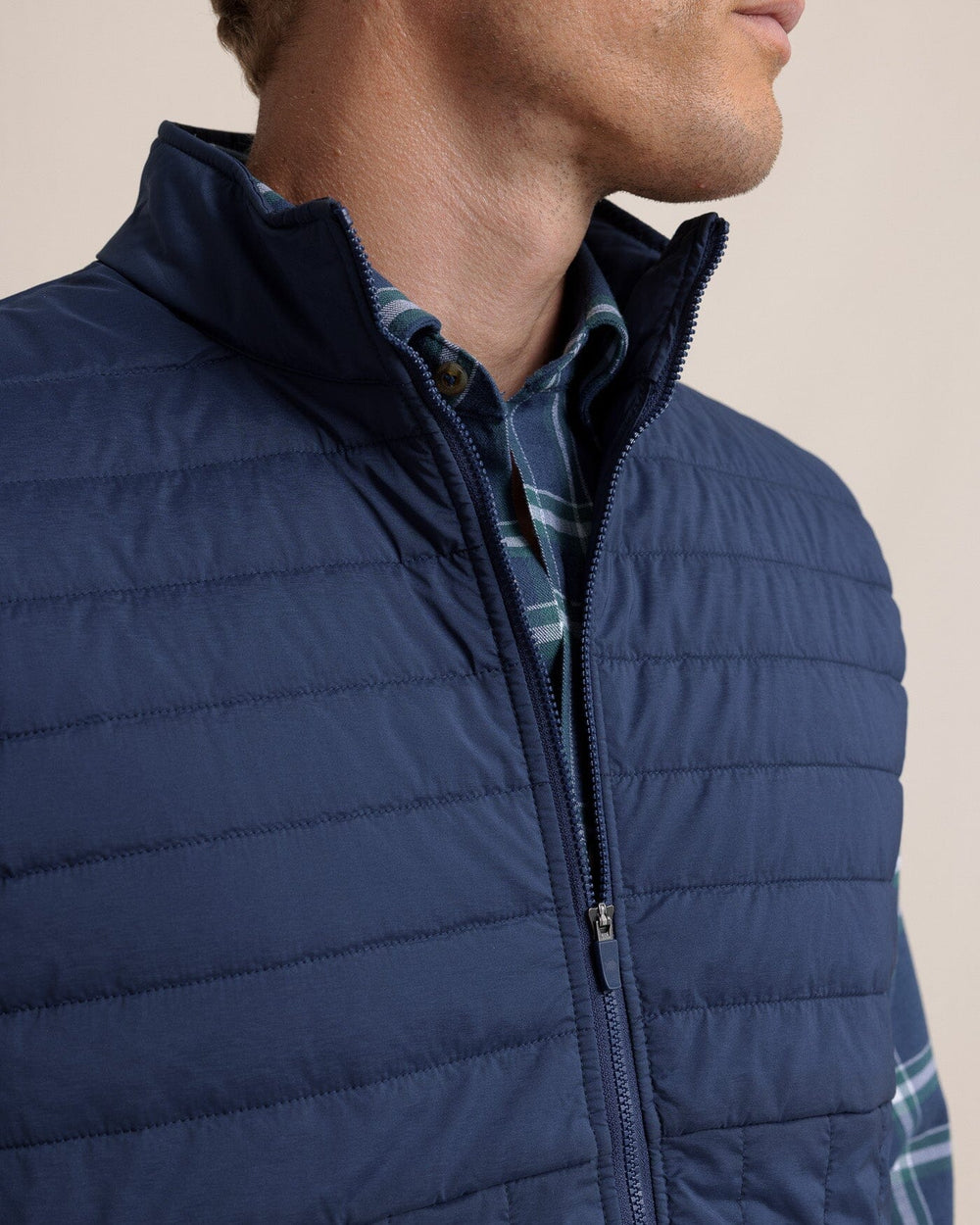 The collar view of the Southern Tide Whitemarsh Packable Quilted Vest by Southern Tide - Dress Blue