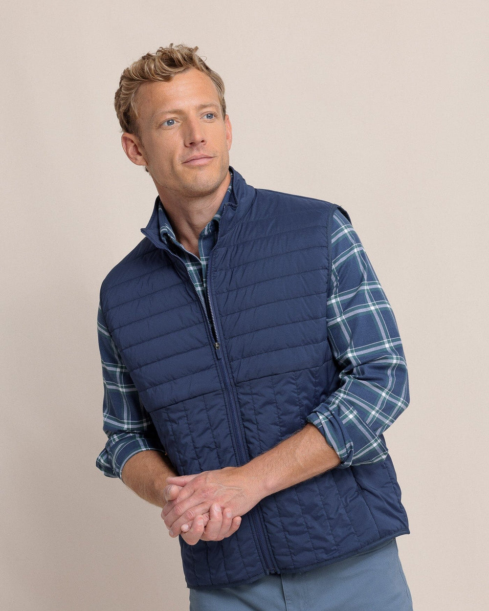 The front view of the Southern Tide Whitemarsh Packable Quilted Vest by Southern Tide - Dress Blue