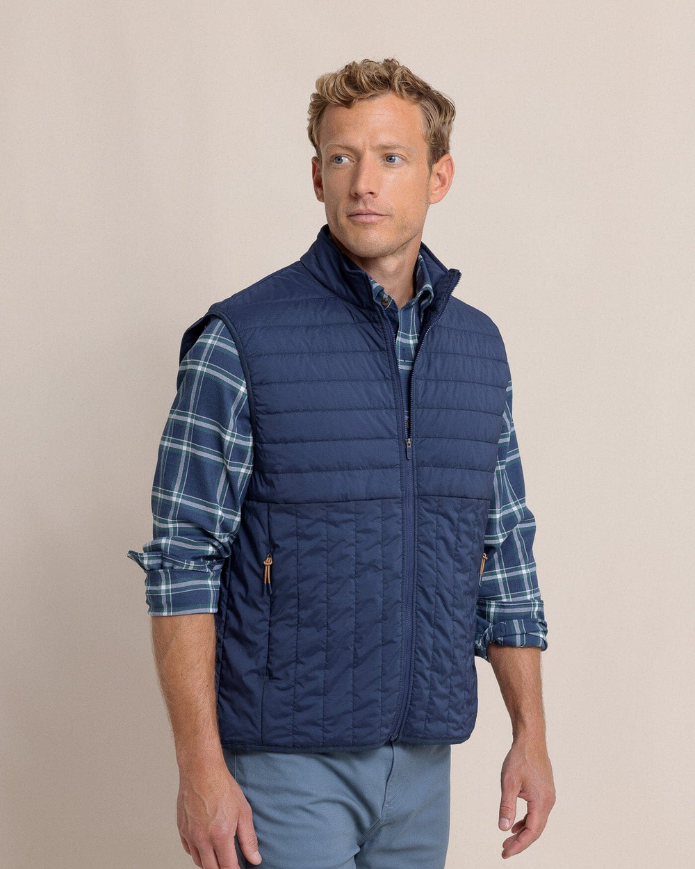 The front view of the Southern Tide Whitemarsh Packable Quilted Vest by Southern Tide - Dress Blue