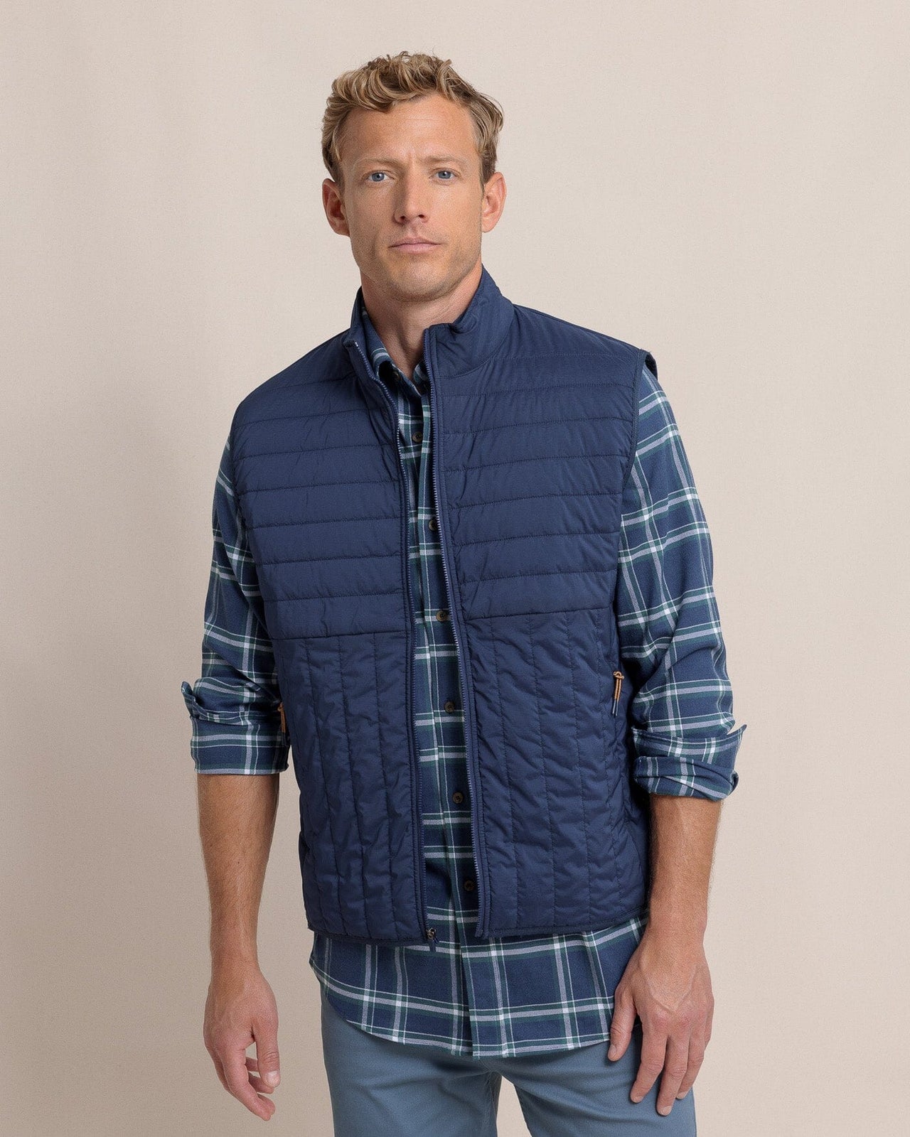 The front view of the Southern Tide Whitemarsh Packable Quilted Vest by Southern Tide - Dress Blue