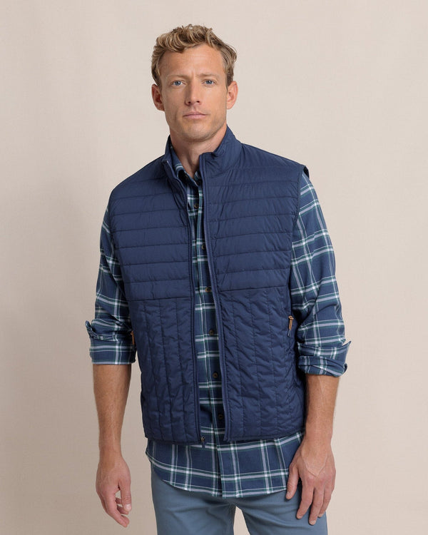 The front view of the Southern Tide Whitemarsh Packable Quilted Vest by Southern Tide - Dress Blue