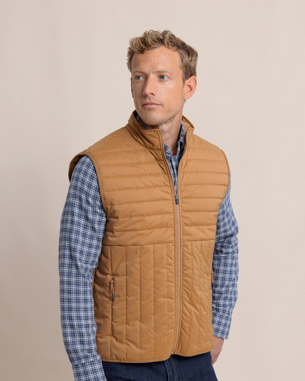 The front view of the Southern Tide Whitemarsh Packable Quilted Vest by Southern Tide - Hazelnut Khaki