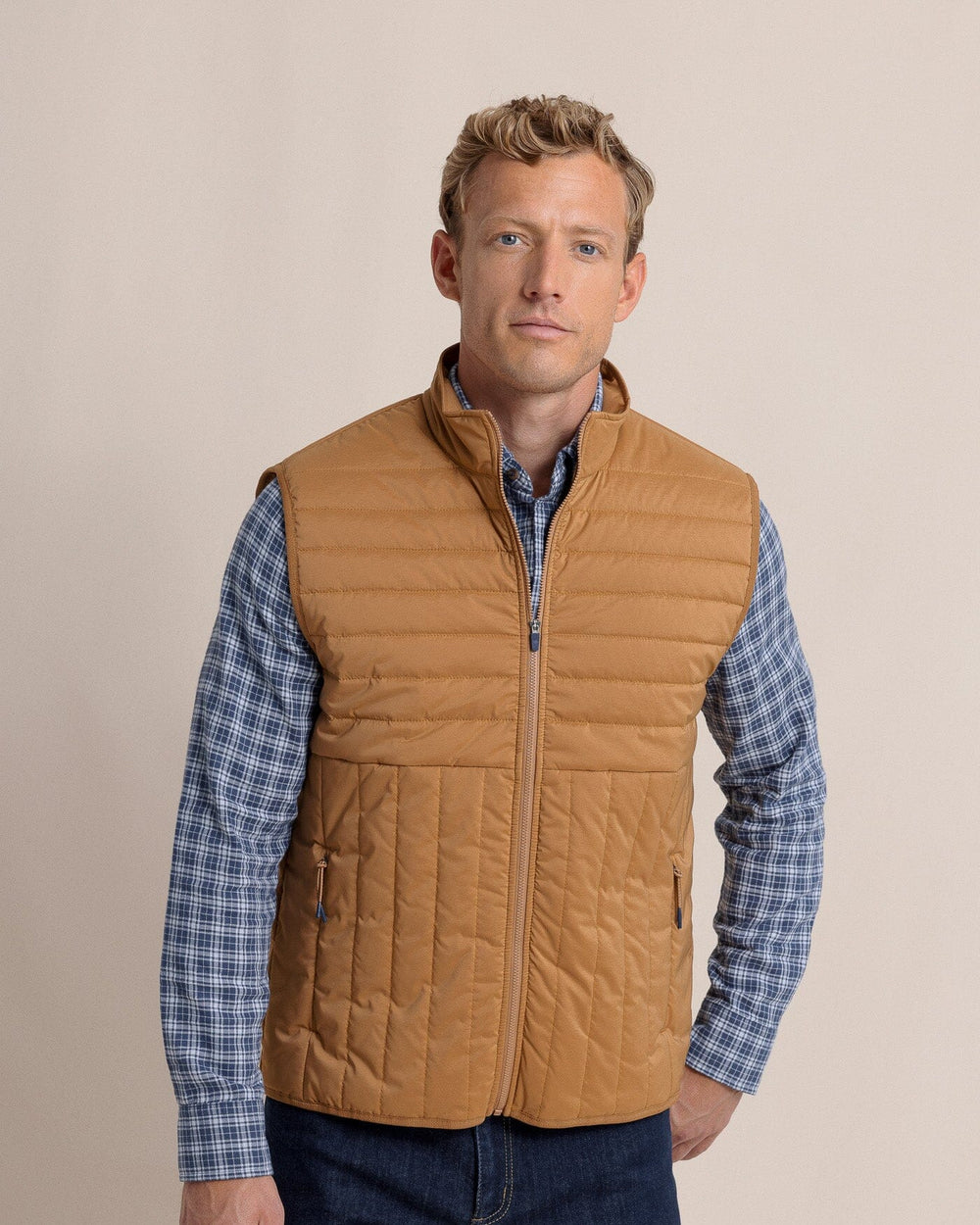 The front view of the Southern Tide Whitemarsh Packable Quilted Vest by Southern Tide - Hazelnut Khaki