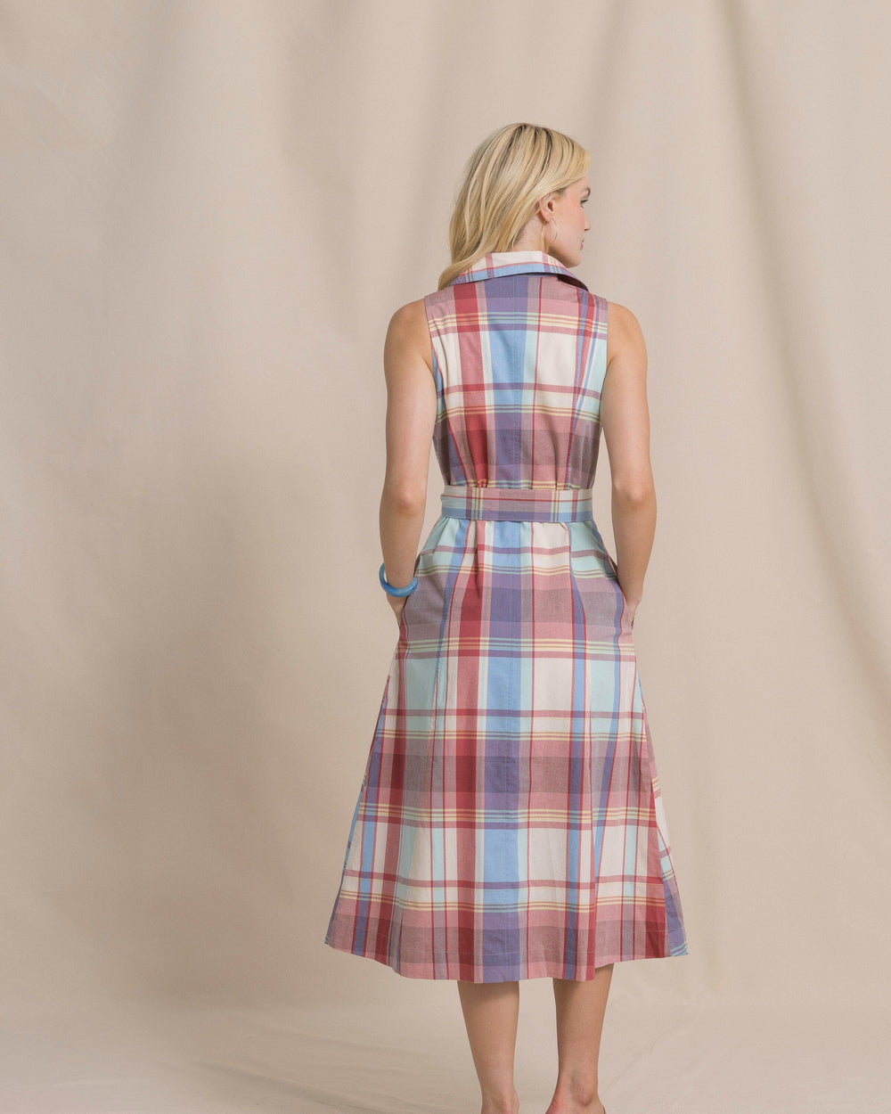 The back view of the Southern Tide Whitley Madras Midi Dress by Southern Tide - White Sand