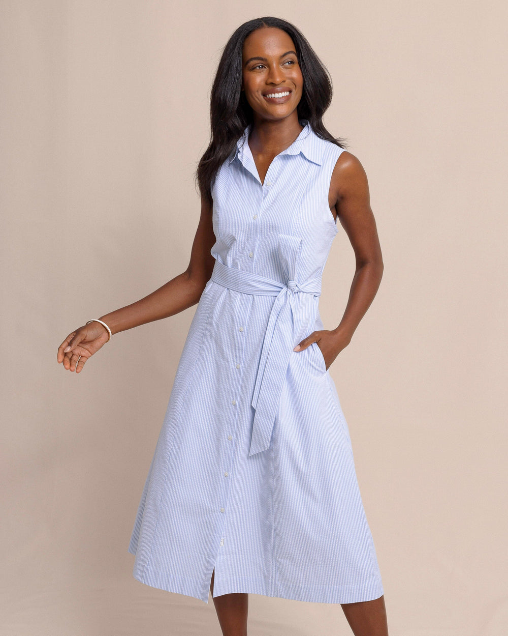 The front view of the Southern Tide Whitley Seersucker Midi Dress by Southern Tide - Ocean Channel