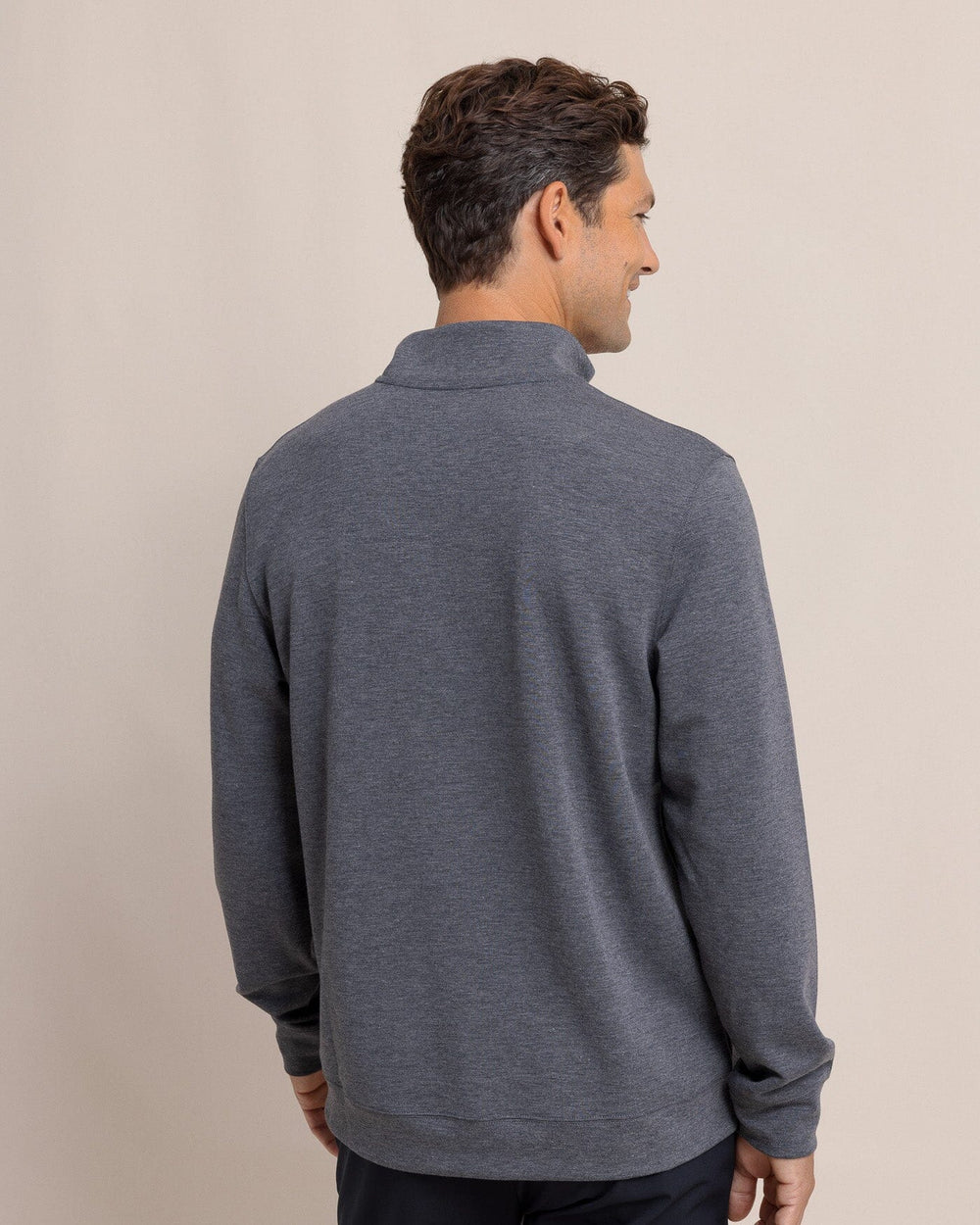 The back view of the Southern Tide Whyche Interlock Heather Quarter Zip by Southern Tide - Heather Castle Rock