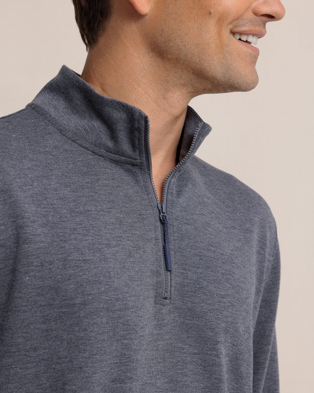 The detail view of the Southern Tide Whyche Interlock Heather Quarter Zip by Southern Tide - Heather Castle Rock