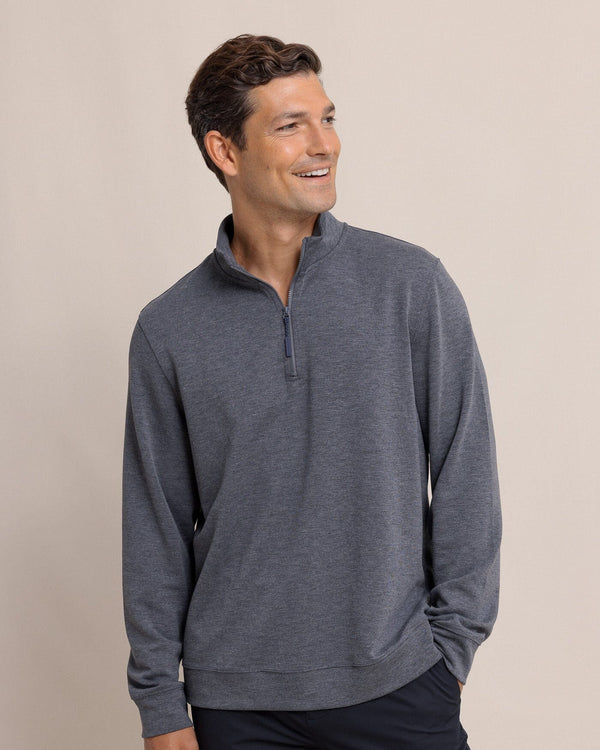 The front view of the Southern Tide Whyche Interlock Heather Quarter Zip by Southern Tide - Heather Castle Rock