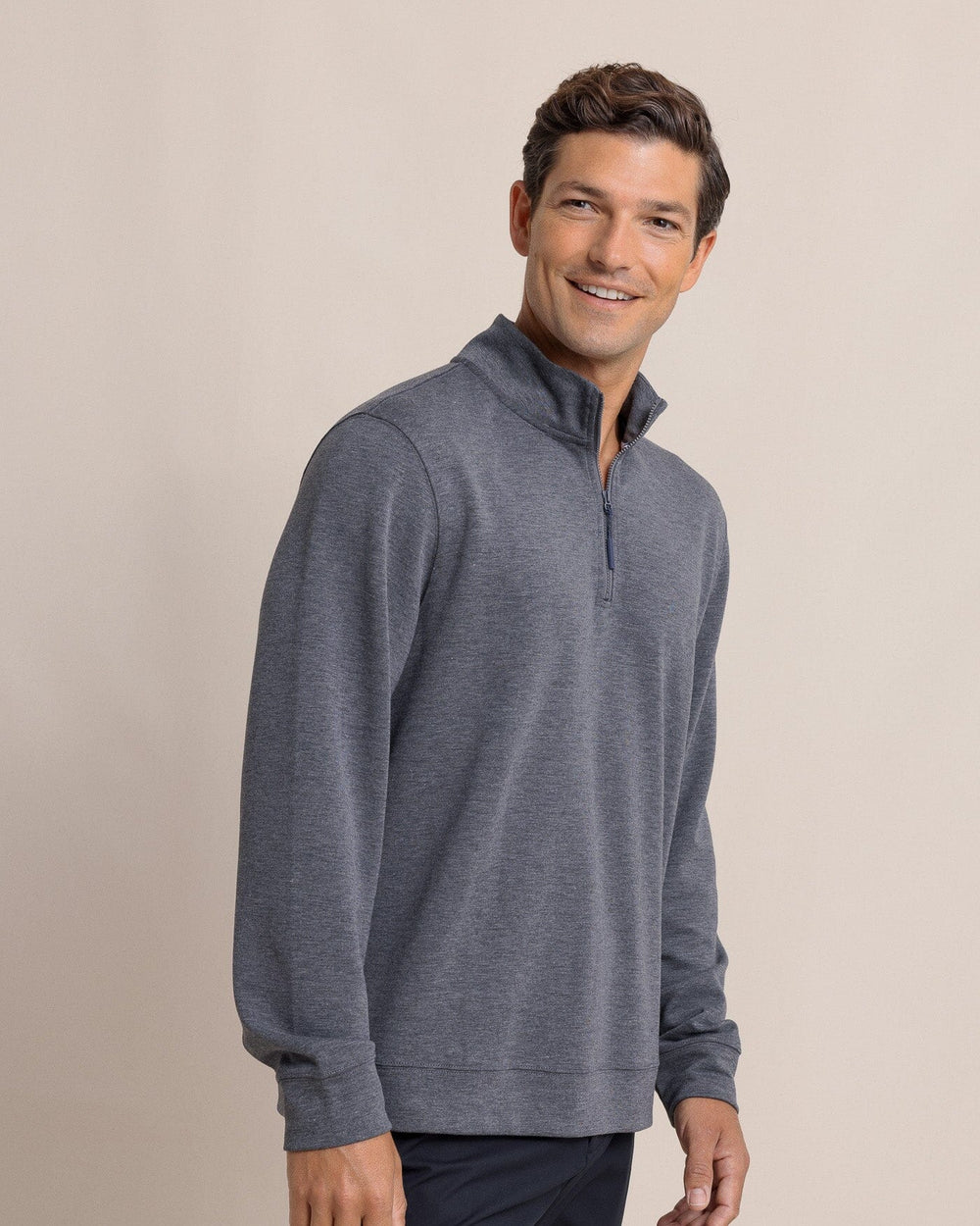 The side view of the Southern Tide Whyche Interlock Heather Quarter Zip by Southern Tide - Heather Castle Rock