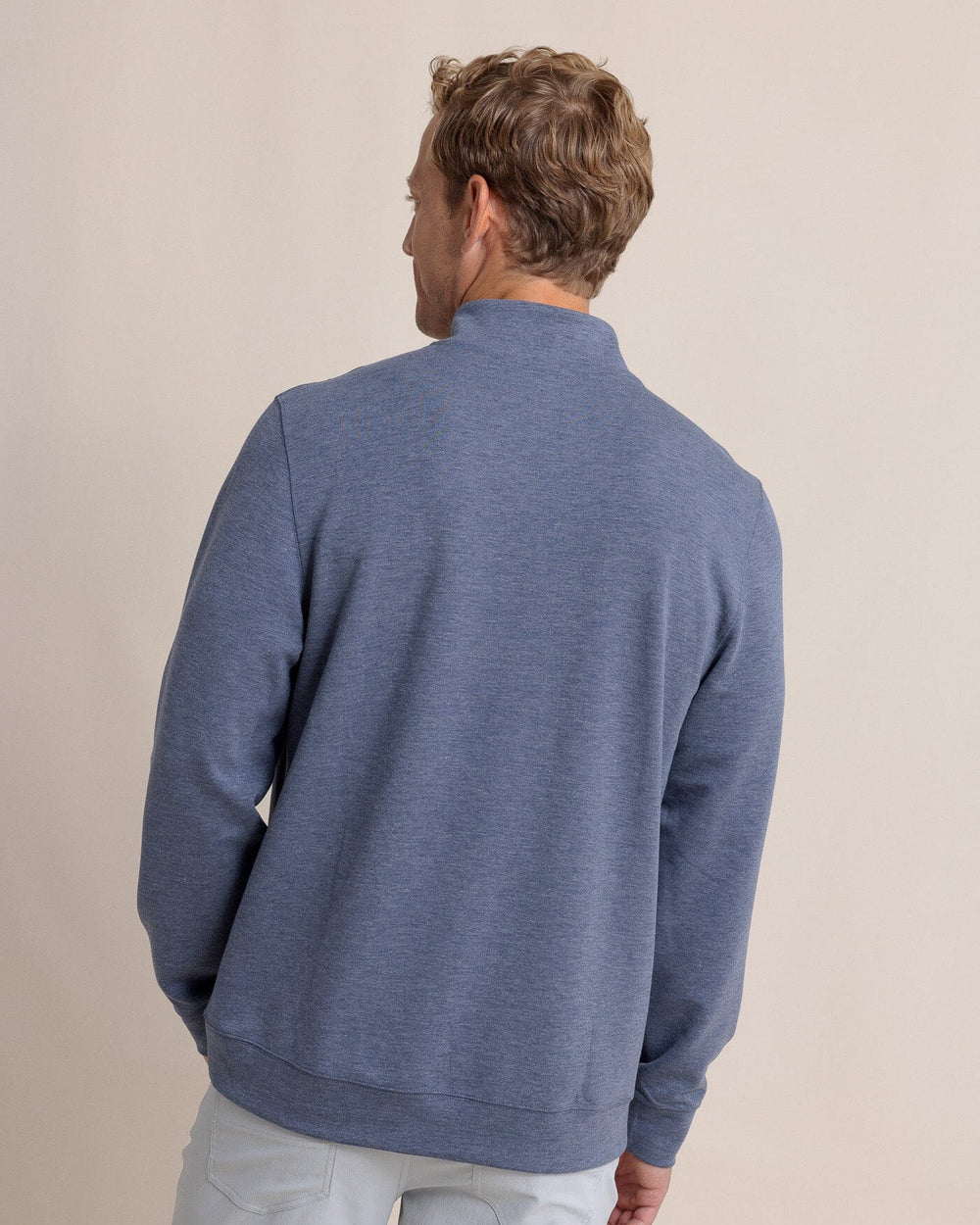 The back view of the Southern Tide Whyche Interlock Heather Quarter Zip by Southern Tide - Heather Dress Blue