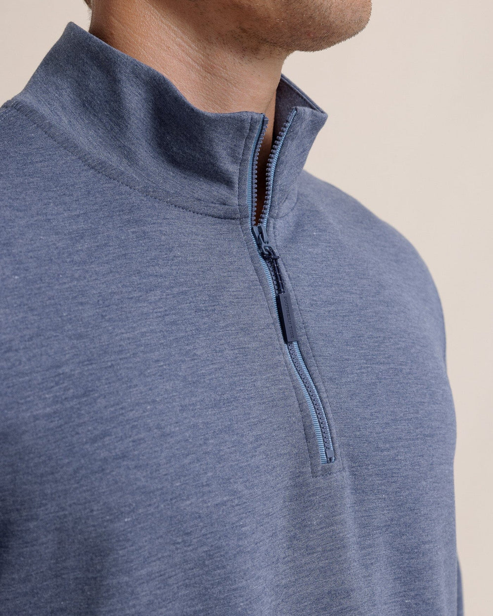 The detail view of the Southern Tide Whyche Interlock Heather Quarter Zip by Southern Tide - Heather Dress Blue