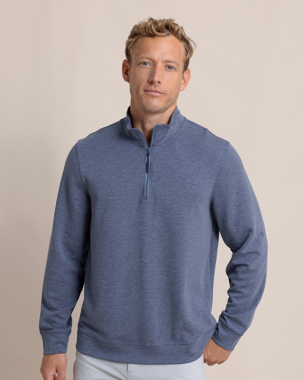 The front view of the Southern Tide Whyche Interlock Heather Quarter Zip by Southern Tide - Heather Dress Blue