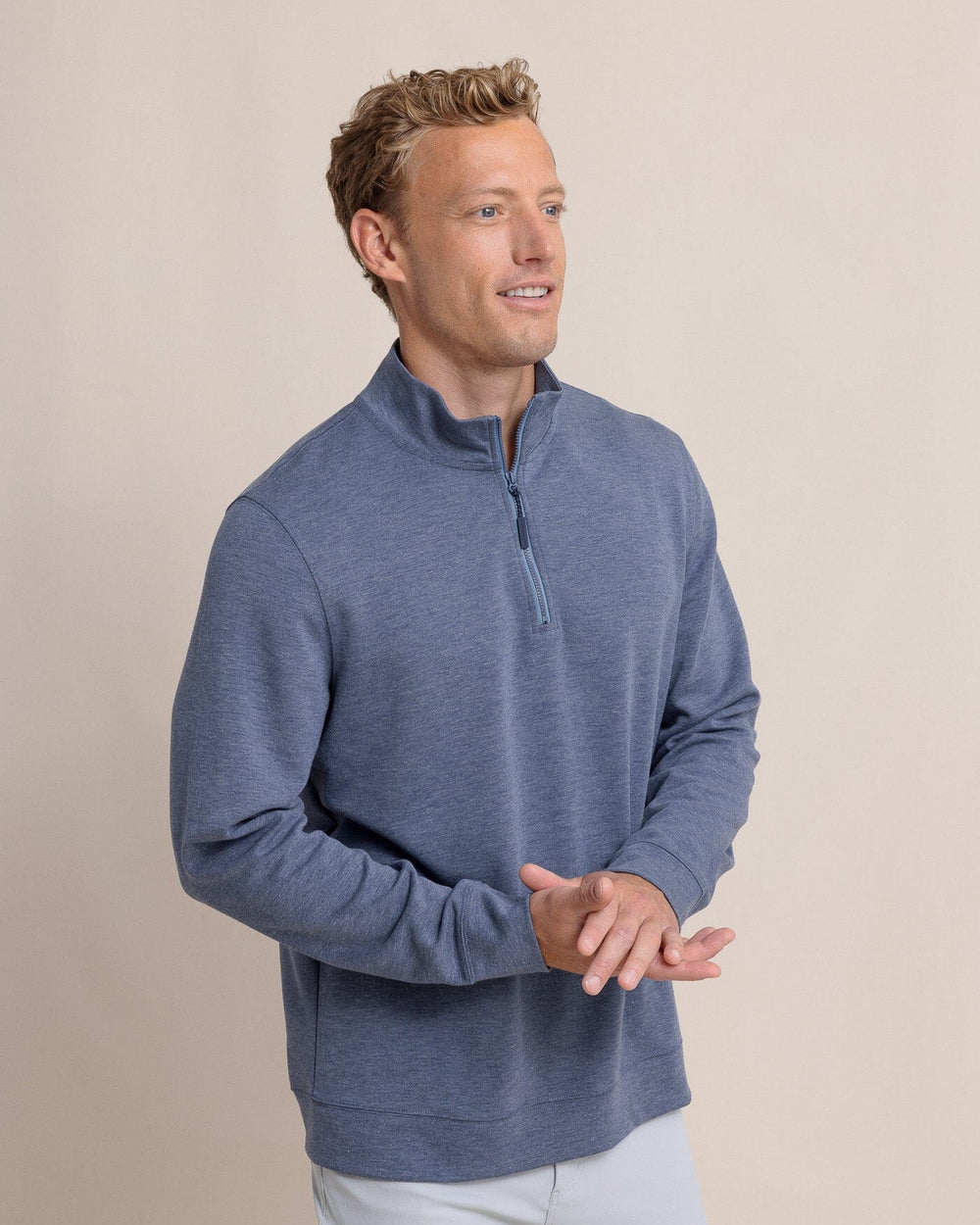 The side view of the Southern Tide Whyche Interlock Heather Quarter Zip by Southern Tide - Heather Dress Blue