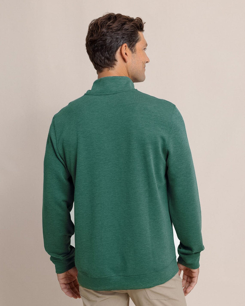 The back view of the Southern Tide Whyche Interlock Heather Quarter Zip by Southern Tide - Heather Salt Meadow