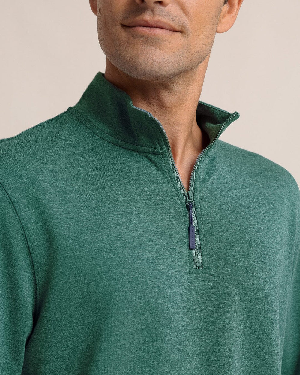 The detail view of the Southern Tide Whyche Interlock Heather Quarter Zip by Southern Tide - Heather Salt Meadow