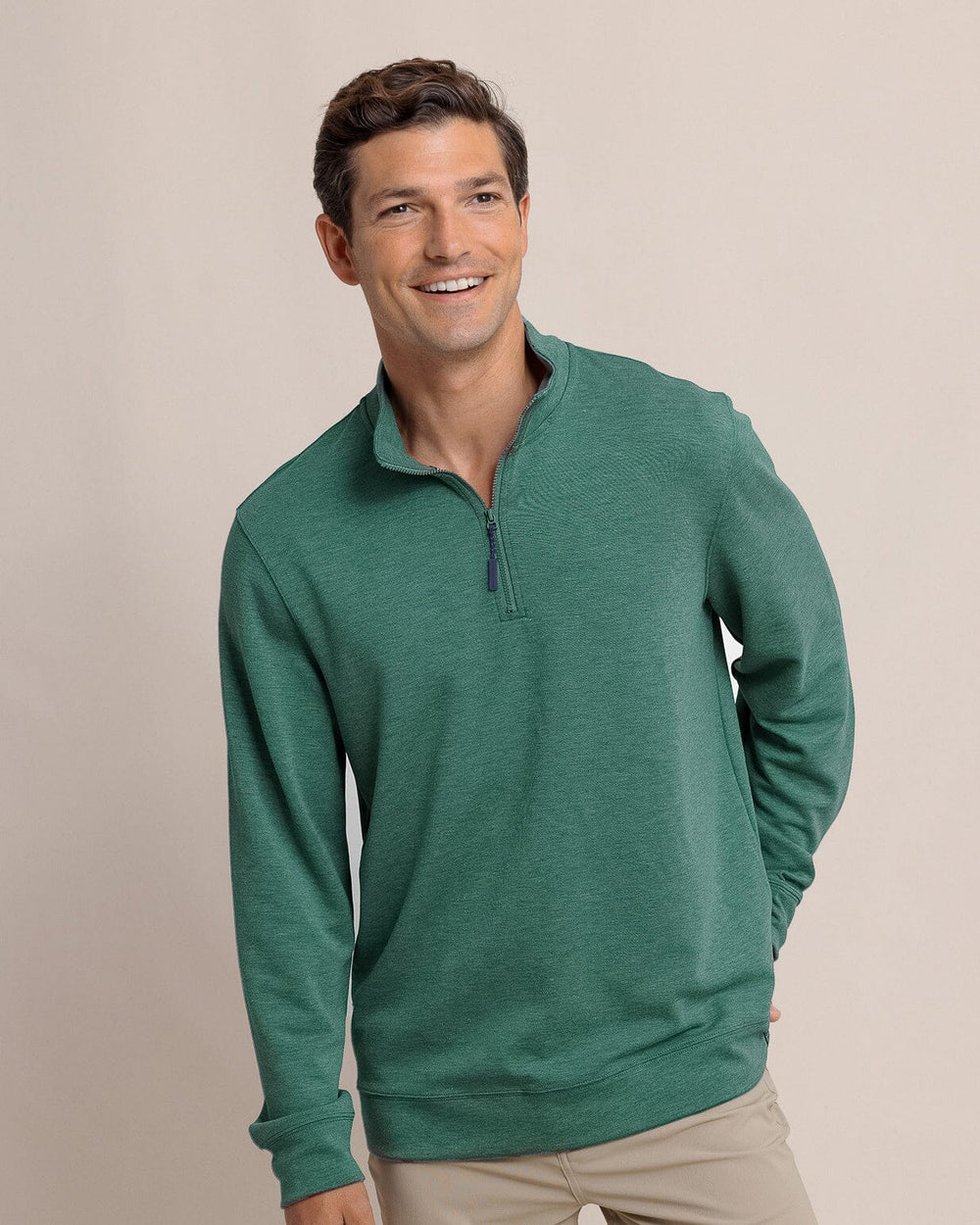 The front view of the Southern Tide Whyche Interlock Heather Quarter Zip by Southern Tide - Heather Salt Meadow