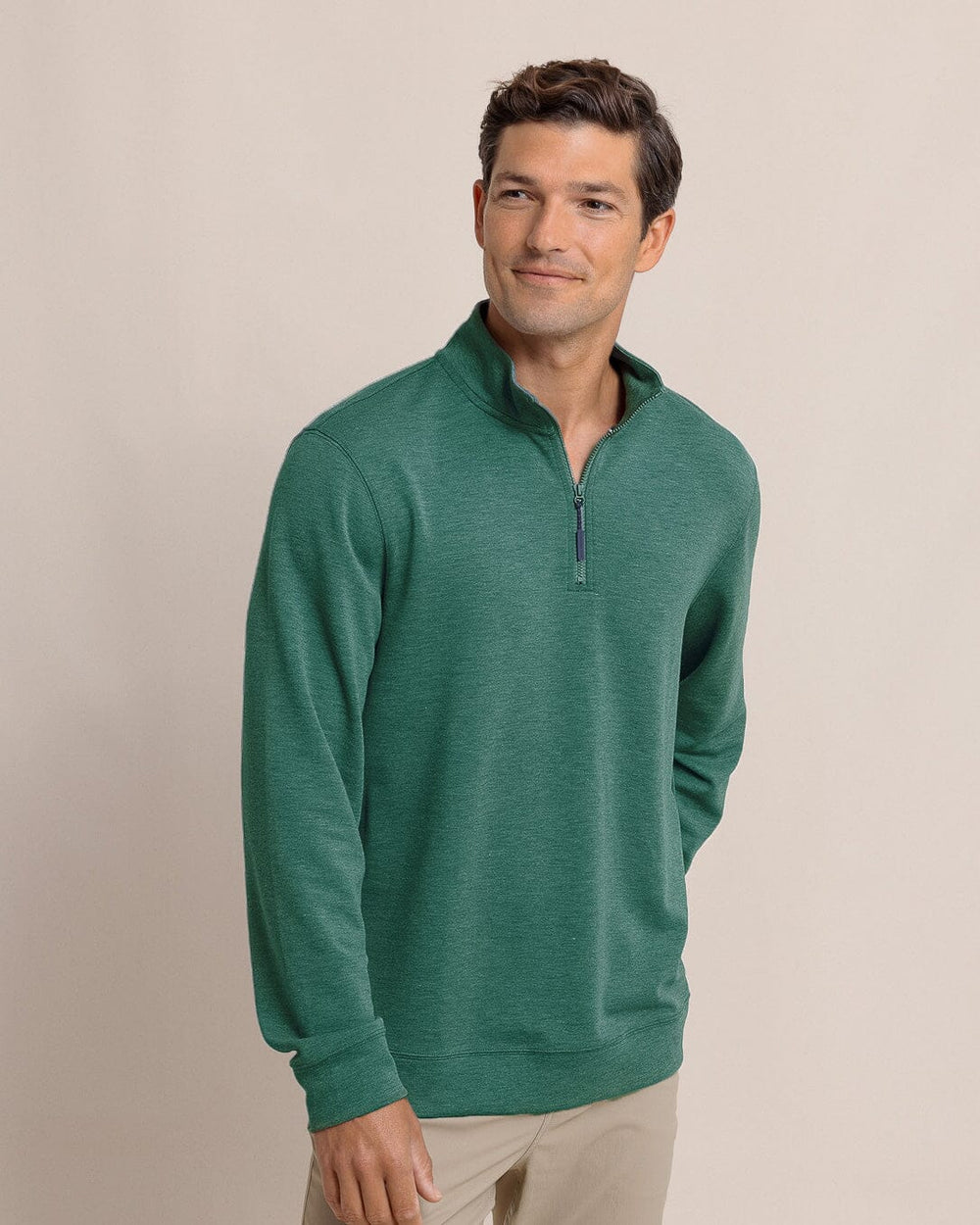 The front view of the Southern Tide Whyche Interlock Heather Quarter Zip by Southern Tide - Heather Salt Meadow