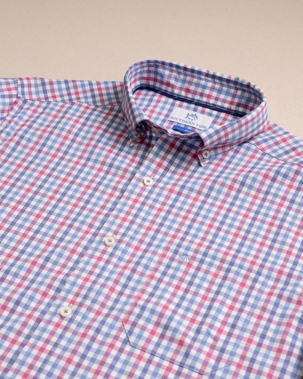 The detail view of the Southern Tide Willow Oak Heather Coastal Breeze® Sport Shirt by Southern Tide - Heather Boat Lily
