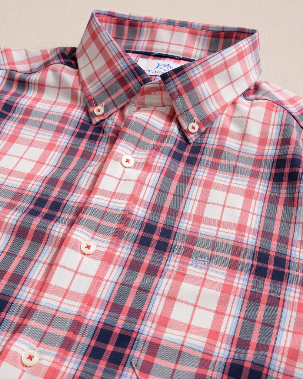 The detail view of the Southern Tide Willowbrook Plaid Intercoastal Long Sleeve Sport Shirt by Southern Tide - Snapper