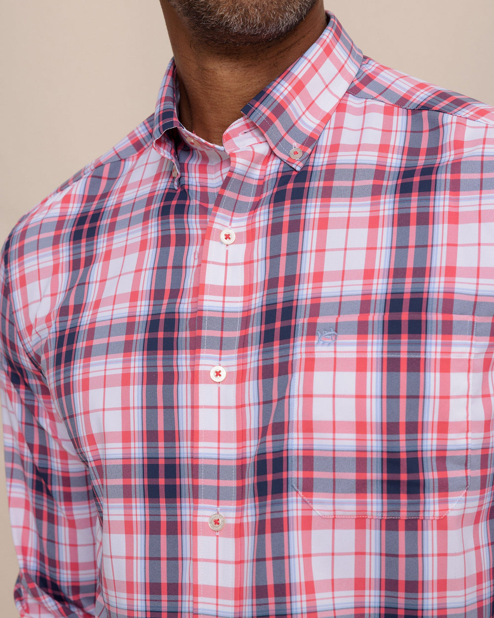 The detail view of the Southern Tide Willowbrook Plaid Intercoastal Long Sleeve Sport Shirt by Southern Tide - Snapper