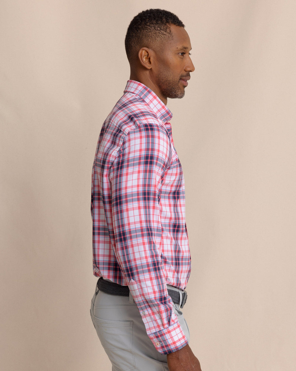 The side view of the Southern Tide Willowbrook Plaid Intercoastal Long Sleeve Sport Shirt by Southern Tide - Snapper
