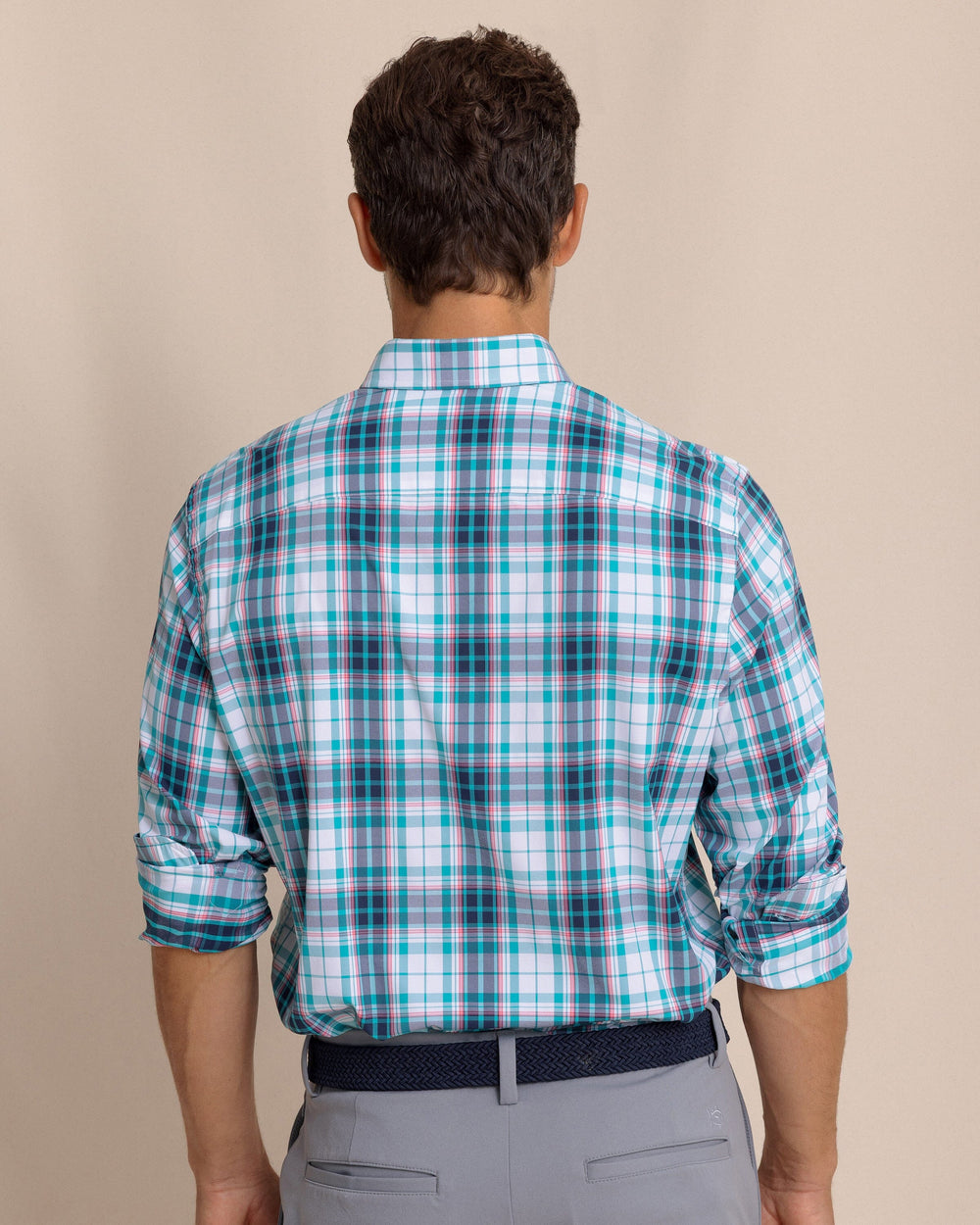 The back view of the Southern Tide Willowbrook Plaid Intercoastal Long Sleeve Sport Shirt by Southern Tide - Spruce Shade
