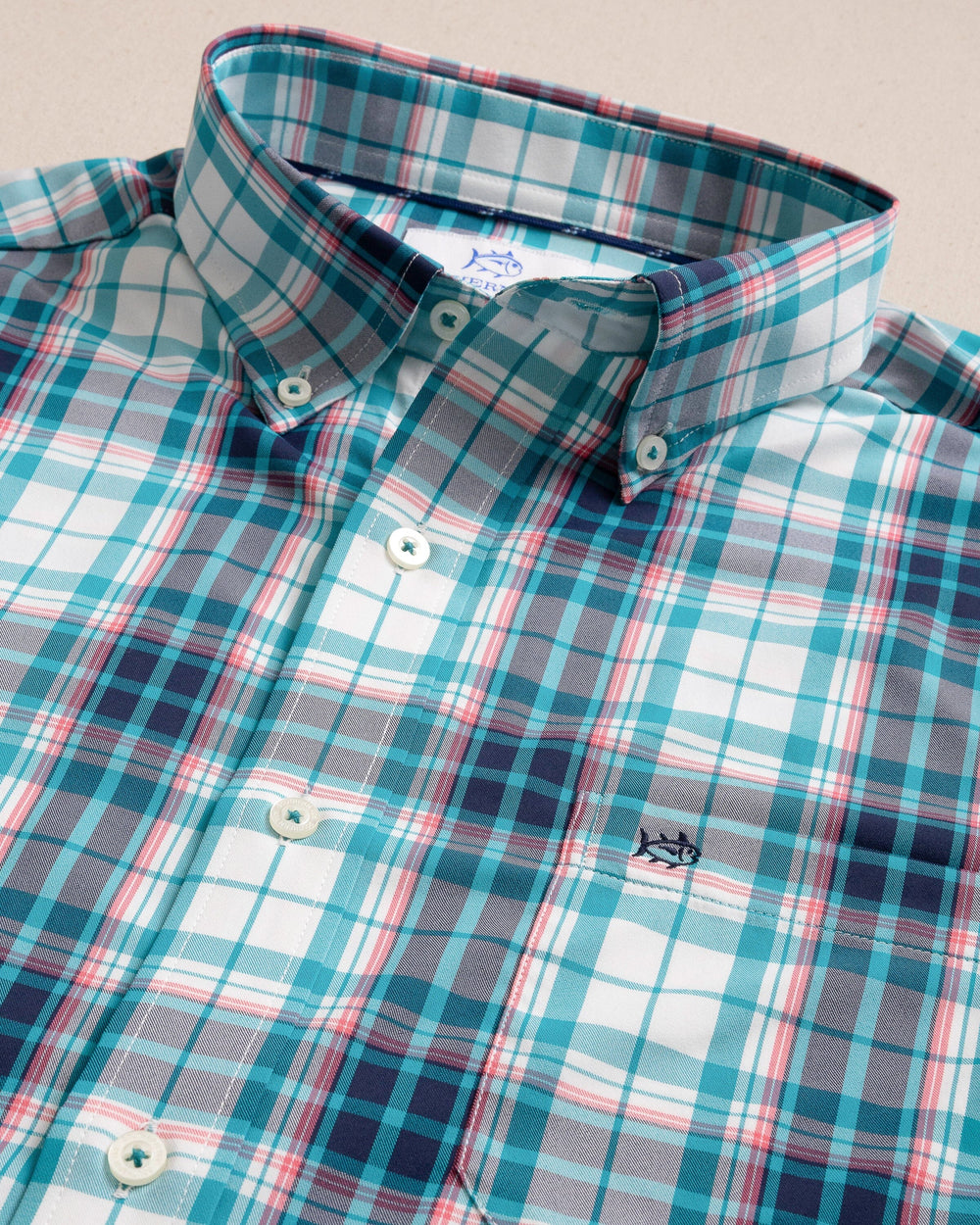 The detail view of the Southern Tide Willowbrook Plaid Intercoastal Long Sleeve Sport Shirt by Southern Tide - Spruce Shade
