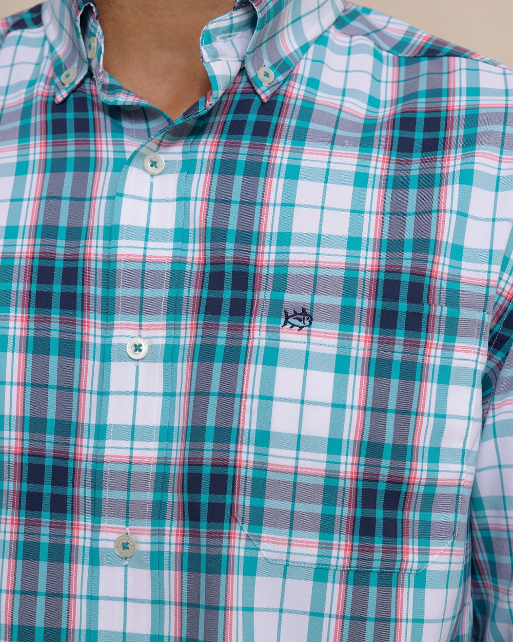 The detail view of the Southern Tide Willowbrook Plaid Intercoastal Long Sleeve Sport Shirt by Southern Tide - Spruce Shade