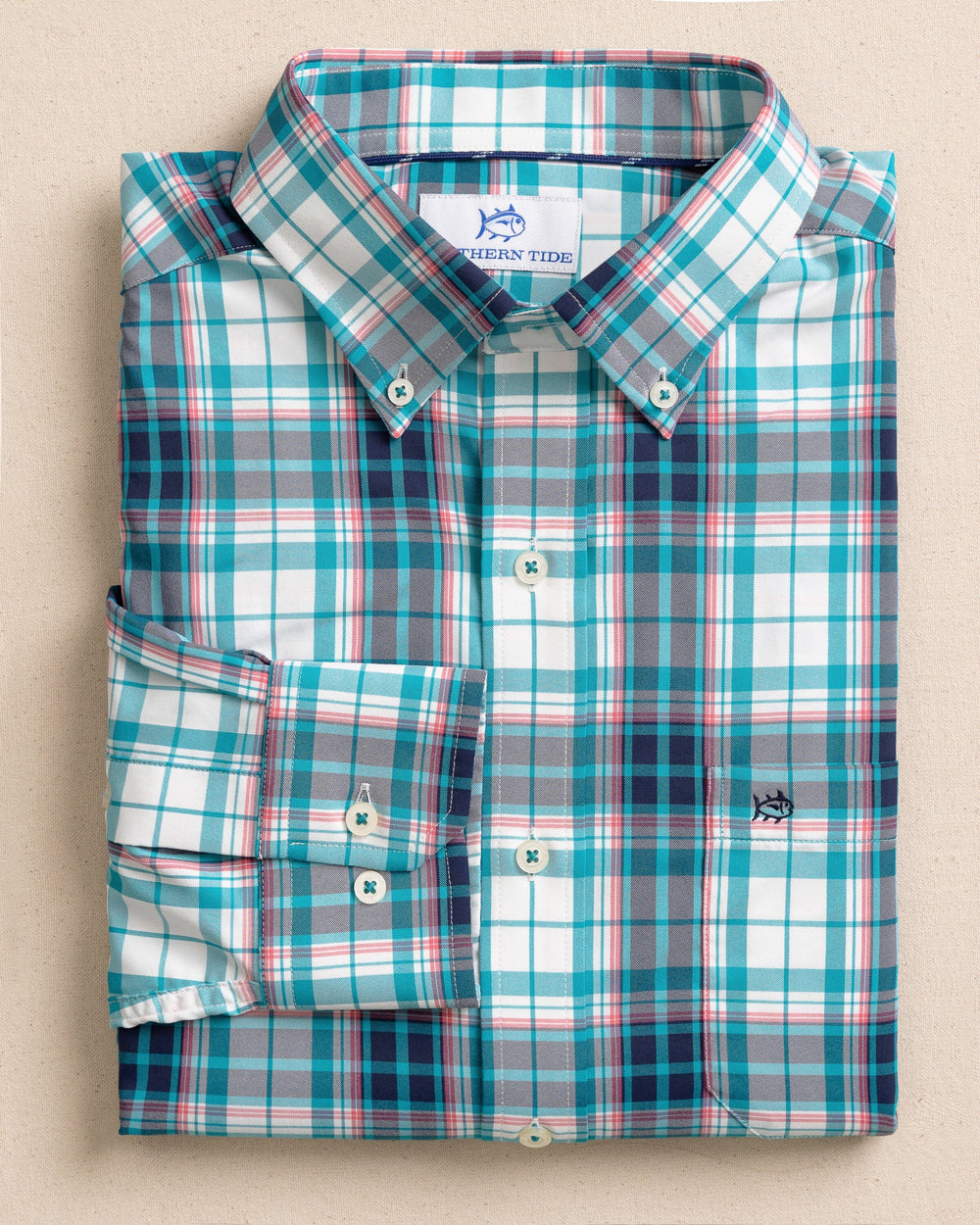 The front view of the Southern Tide Willowbrook Plaid Intercoastal Long Sleeve Sport Shirt by Southern Tide - Spruce Shade